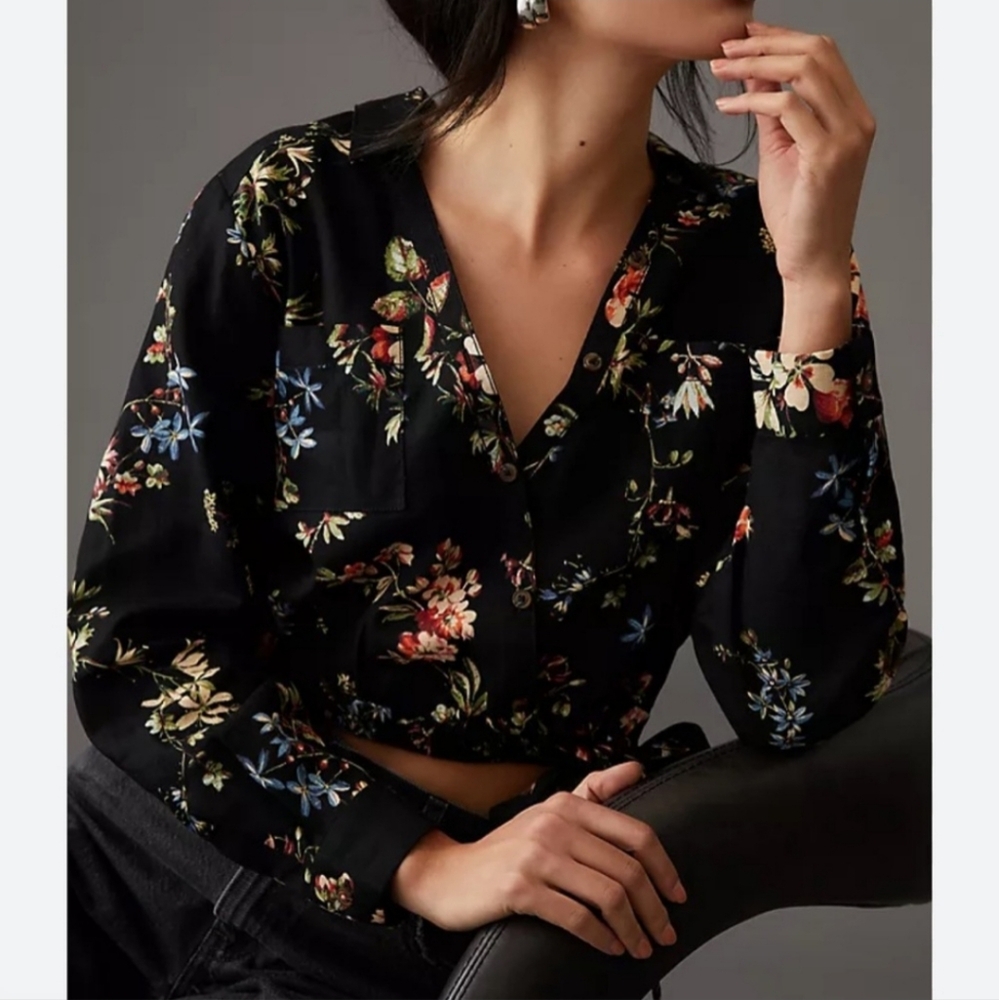Anthropologie Pilcro Cropped Waist Tie Linen Blouse in Black